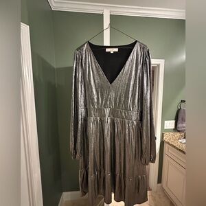 LOFT Metallic Silver Long Sleeve Dress